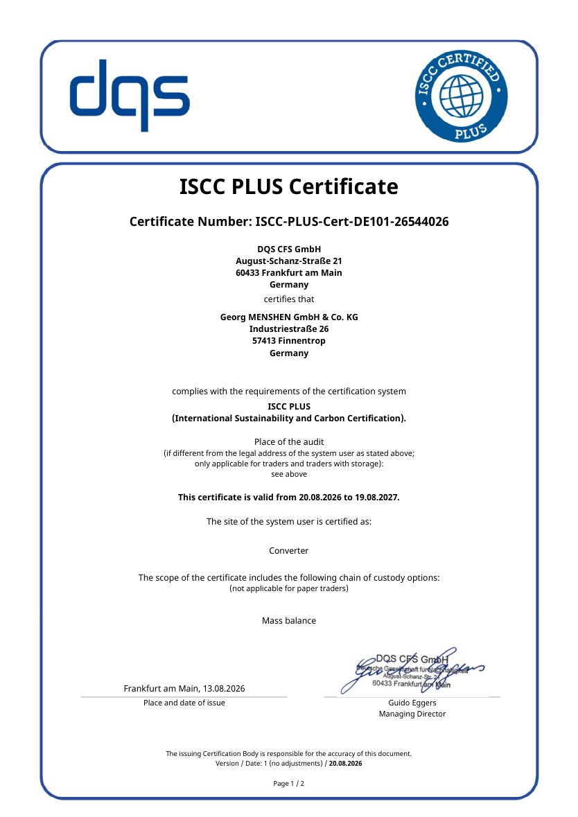 ISCC Plus Certificate Packaging Finnentrop certificate