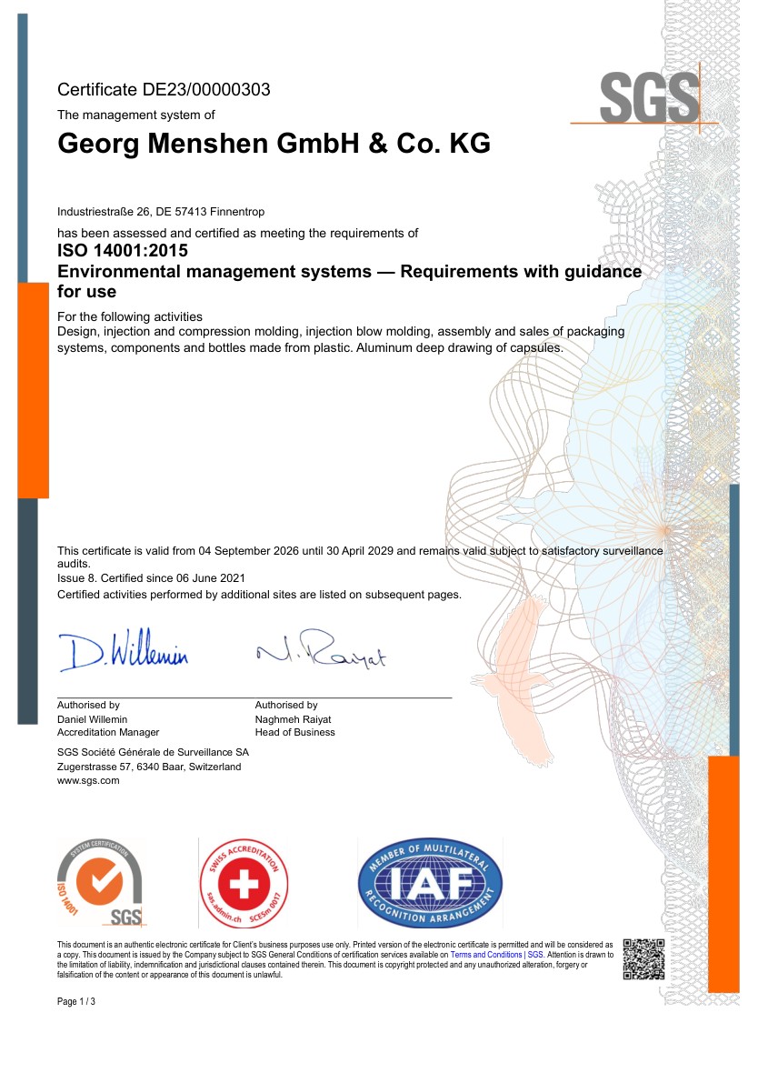 ISO 14001 Menshen Group EN certificate