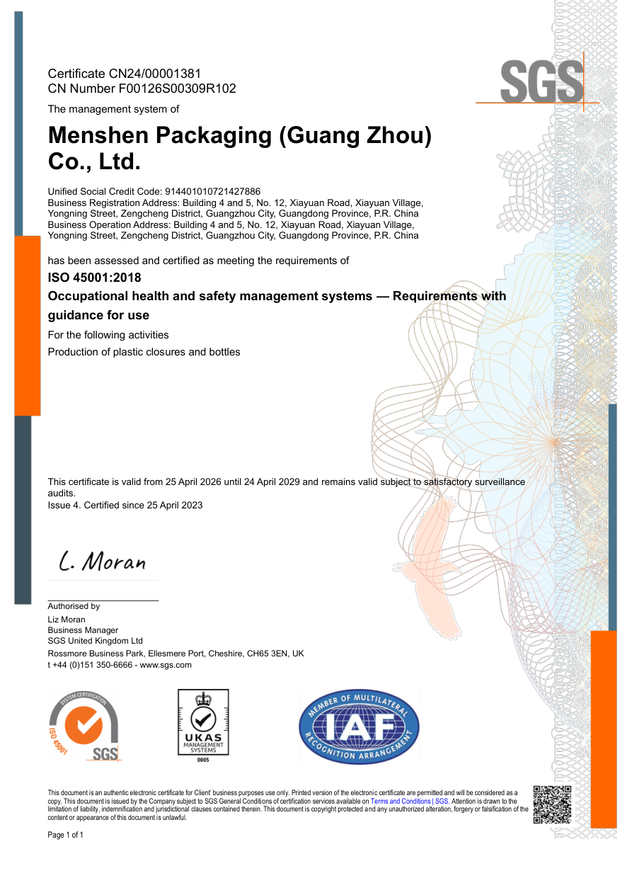 ISO 45001:2018 – MENSHEN Guangzhou – 2026–2029